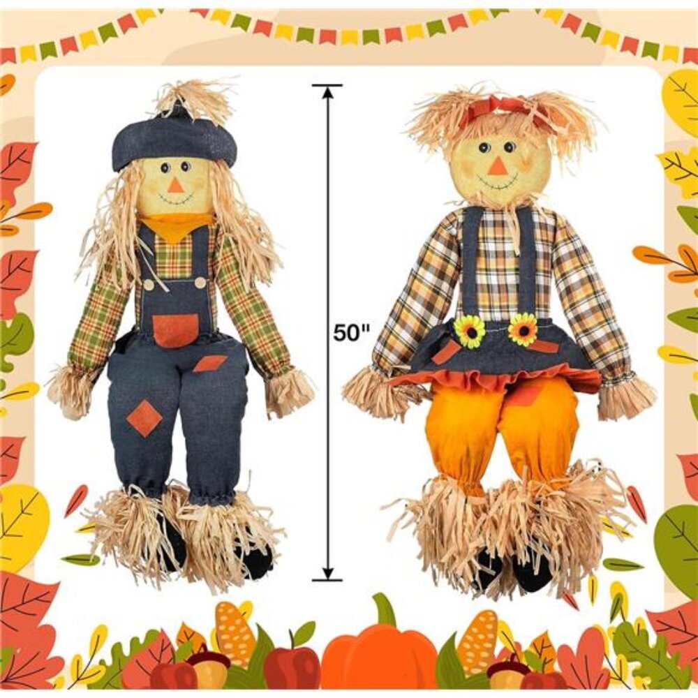 Thanksgiving Sitting Scarecrow Decor Set of 2 Large 50 Inch Boy Girl Couple - Picture 3 of 8